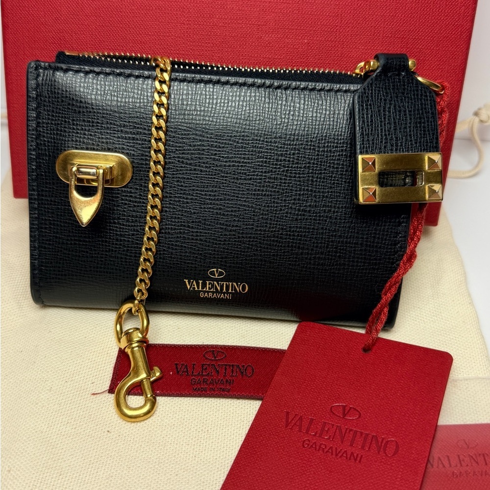 Valentino Garavani Rockstud Zipper Coin Purse Cardholder Grainy Calfskin Leather - Picture 3 of 12